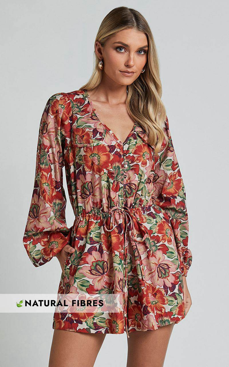 Showpo Amalie The Label - Soliel Linen Blend Long Bishop Sleeve Playsuit Musee Print | UTBLVQ617