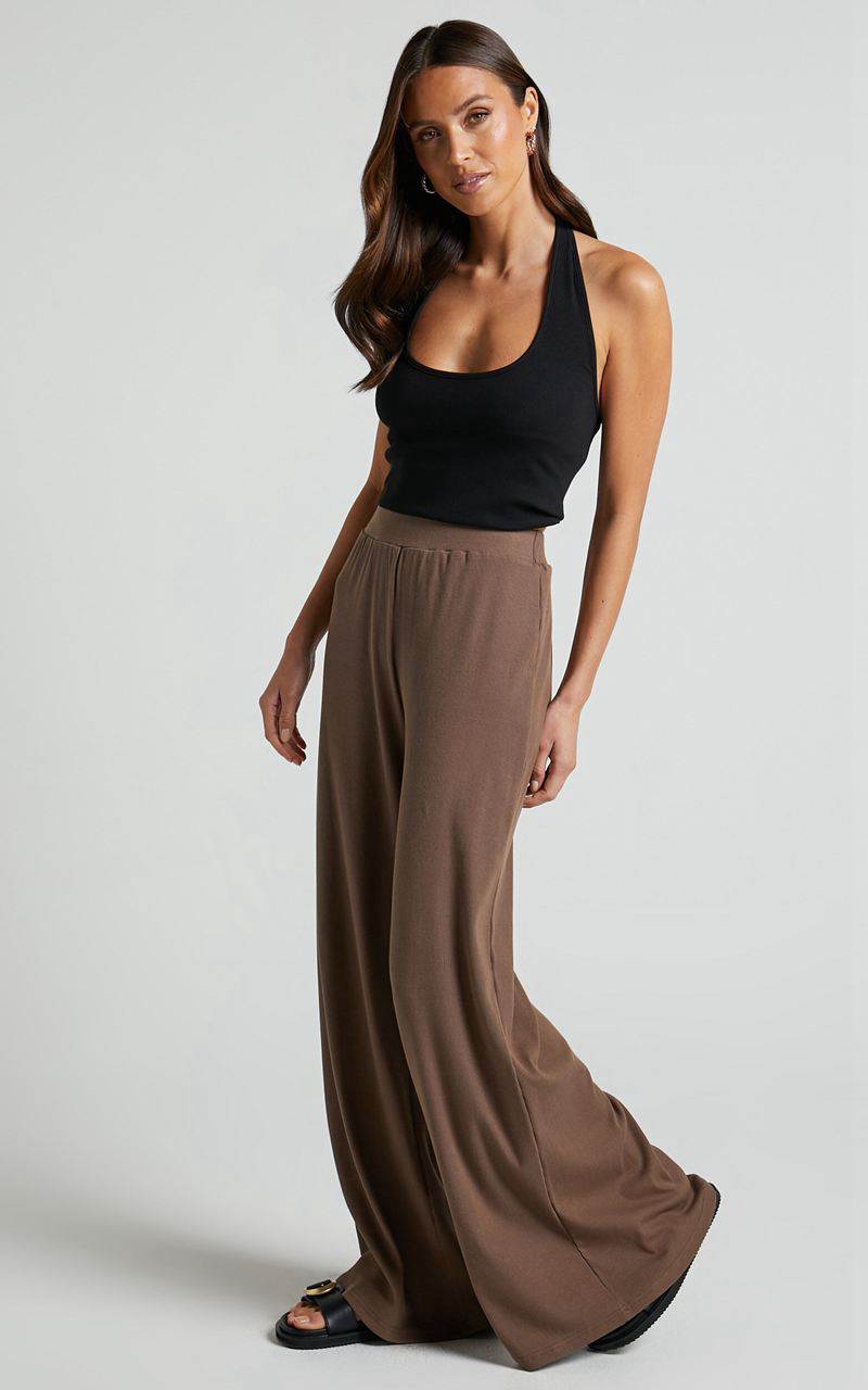 Showpo Amalthea Pants - High Waisted Jersey Rib Wide Leg Pants Mocha | TBORGZ562