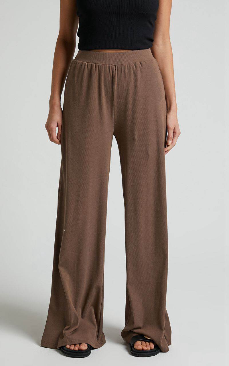 Showpo Amalthea Pants - High Waisted Jersey Rib Wide Leg Pants Mocha | TBORGZ562