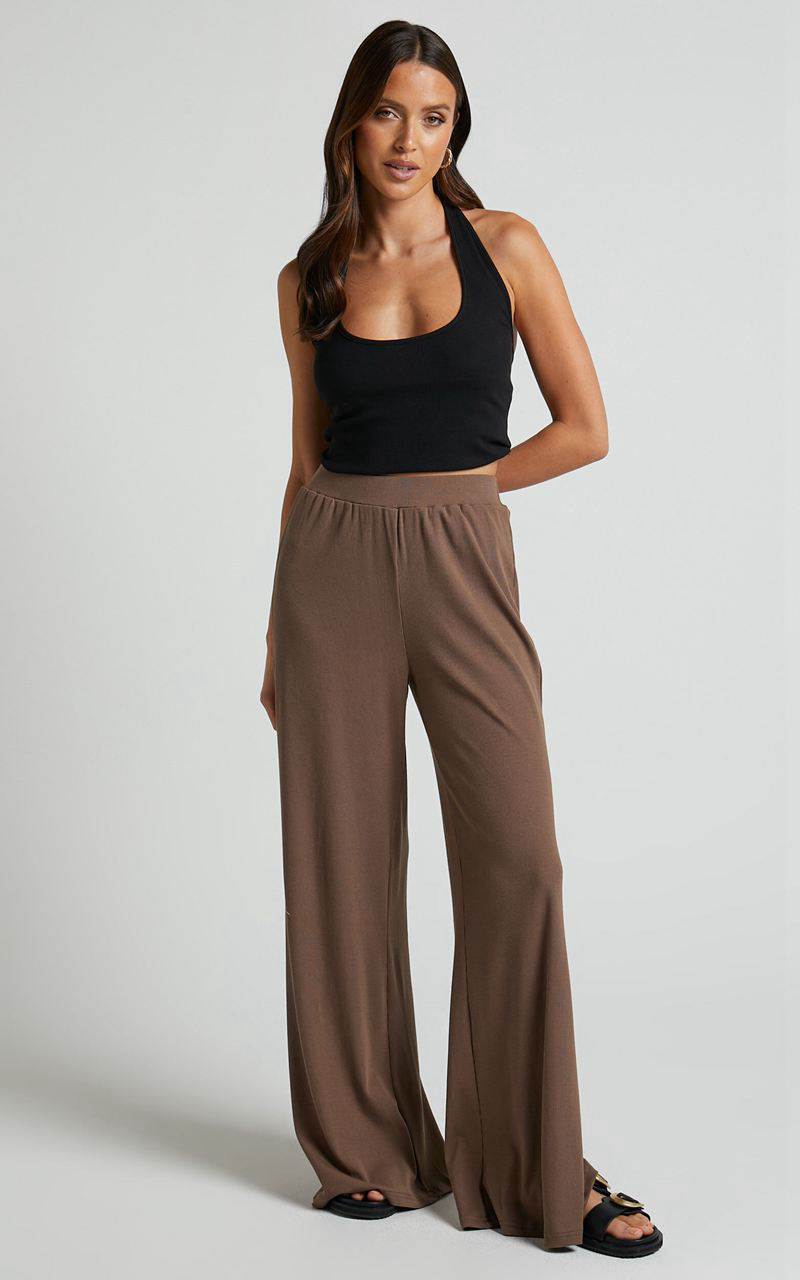 Showpo Amalthea Pants - High Waisted Jersey Rib Wide Leg Pants Mocha | TBORGZ562