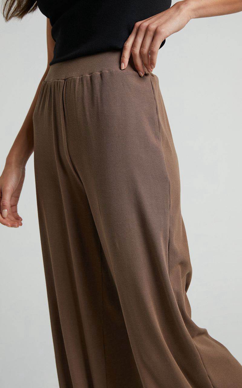 Showpo Amalthea Pants - High Waisted Jersey Rib Wide Leg Pants Mocha | TBORGZ562