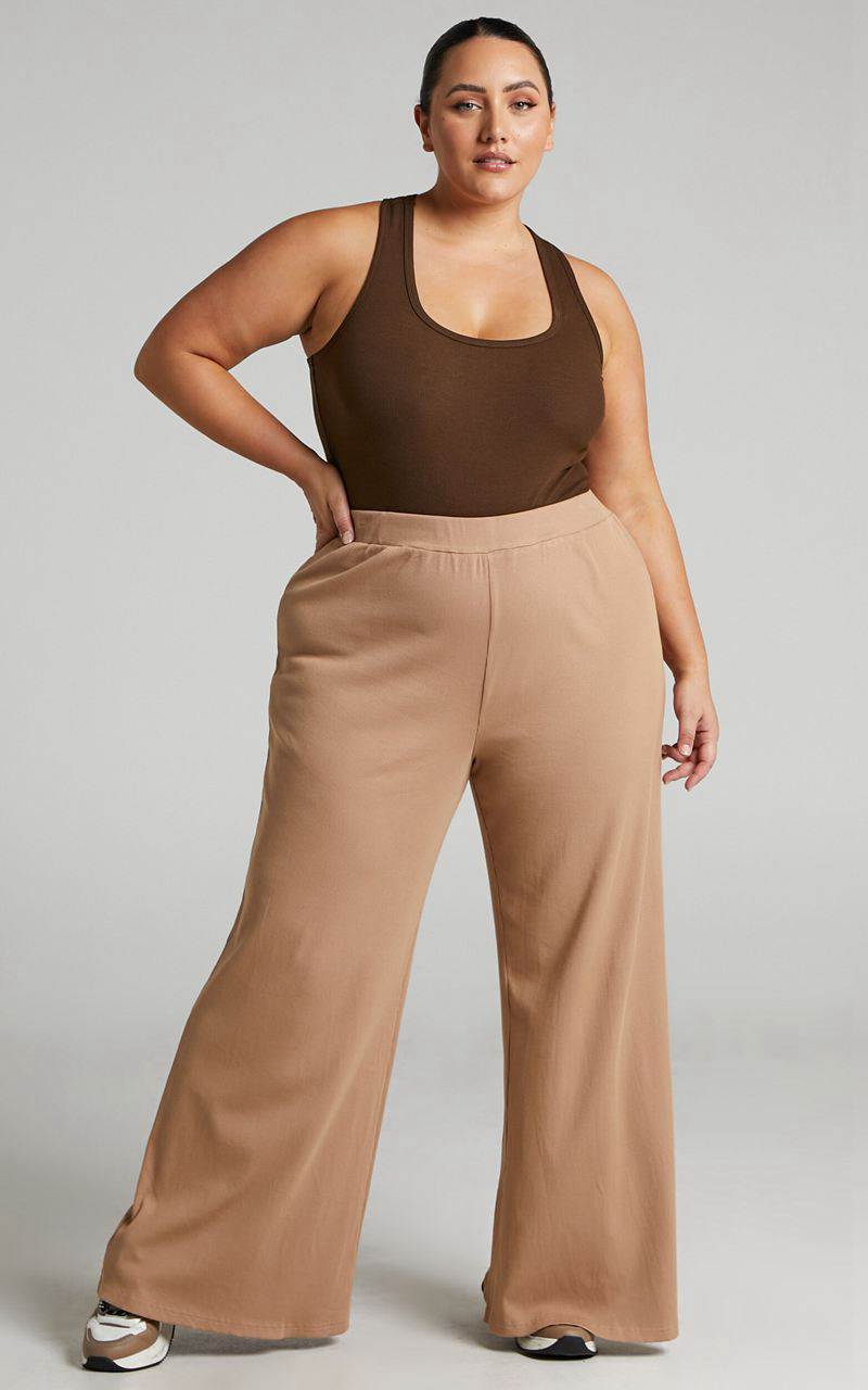 Showpo Amalthea Pants - High Waisted Jersey Rib Wide Leg Pants Camel | ARNLTU056