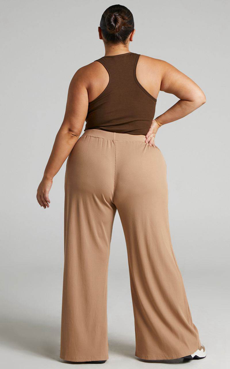 Showpo Amalthea Pants - High Waisted Jersey Rib Wide Leg Pants Camel | ARNLTU056