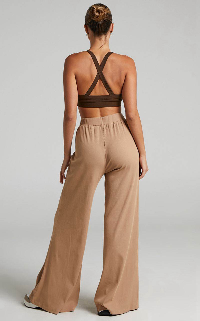 Showpo Amalthea Pants - High Waisted Jersey Rib Wide Leg Pants Camel | ARNLTU056