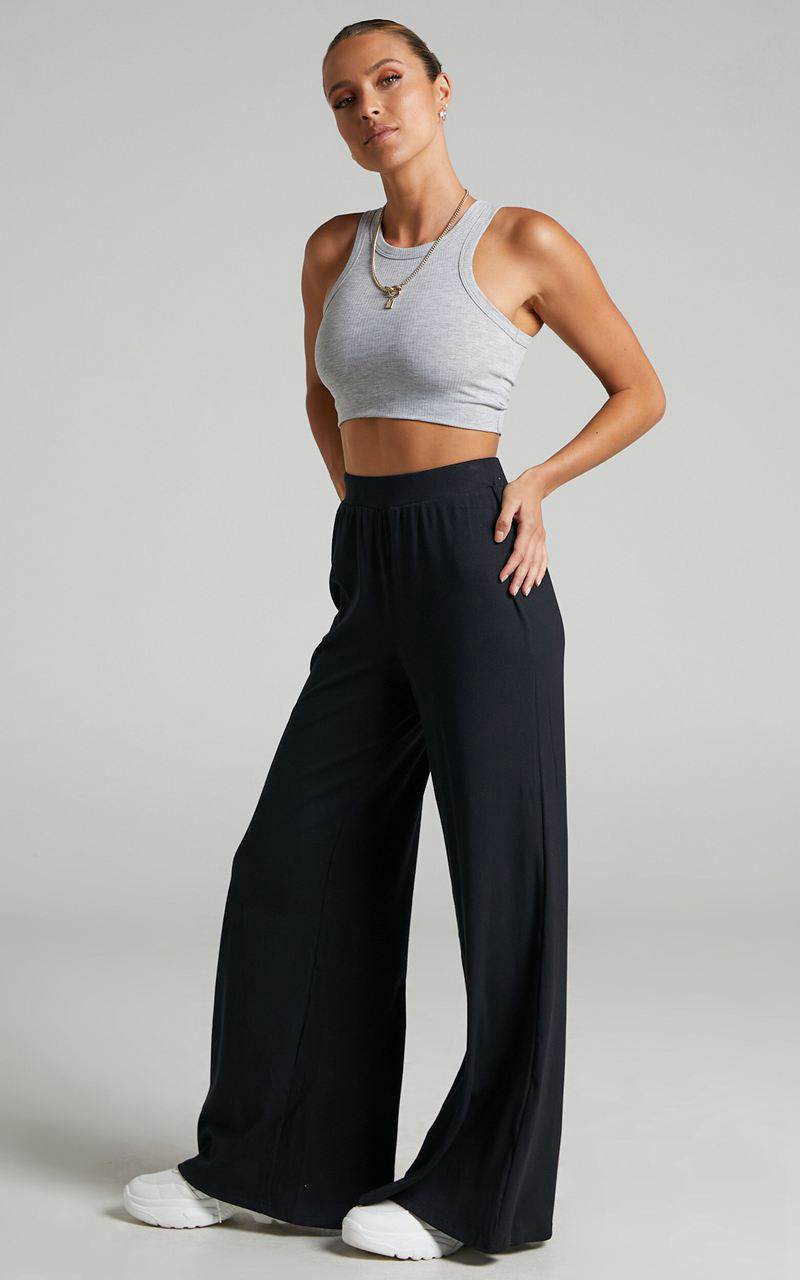 Showpo Amalthea Pants - High Waisted Jersey Rib Wide Leg Pants Black | PKTOME654