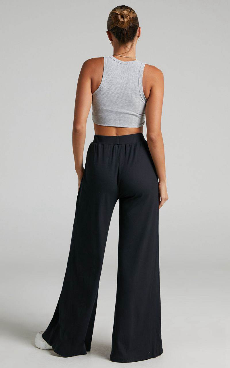 Showpo Amalthea Pants - High Waisted Jersey Rib Wide Leg Pants Black | PKTOME654