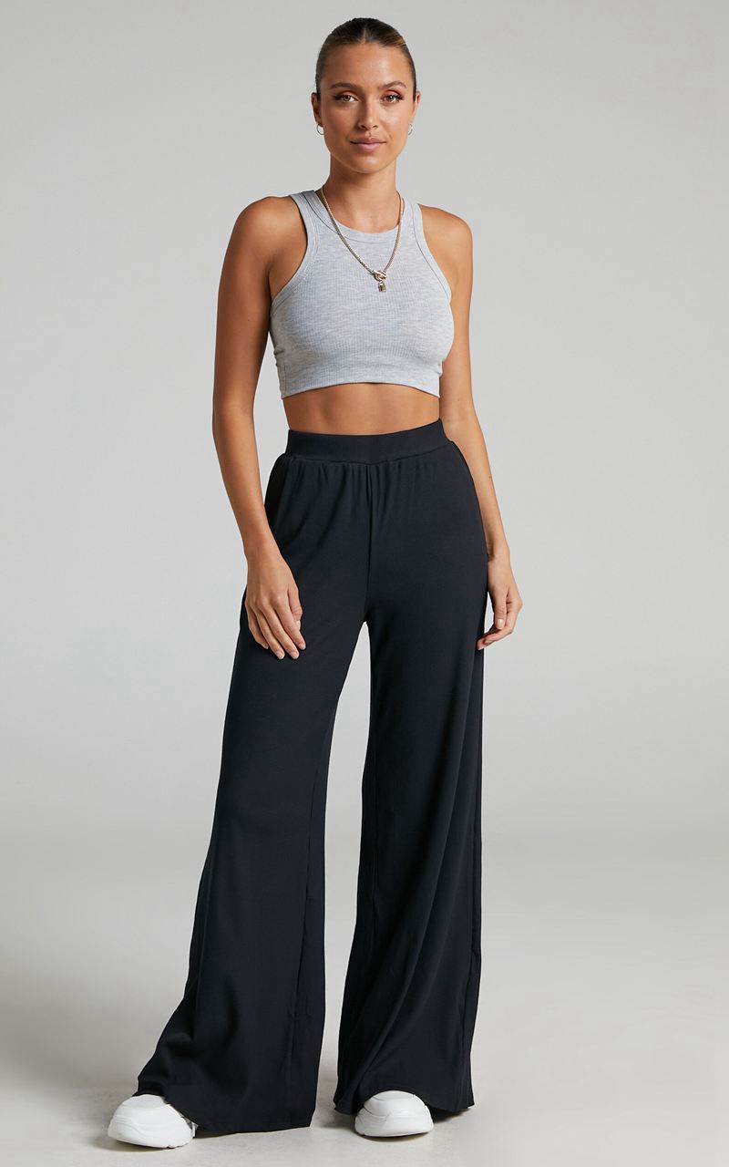 Showpo Amalthea Pants - High Waisted Jersey Rib Wide Leg Pants Black | PKTOME654