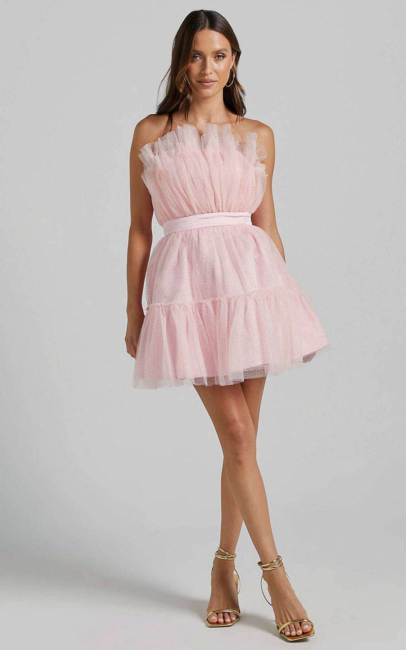 Showpo Amalya Mini Dress - Tiered Tulle Fit And Flare Dress Baby Pink Glitter | SJYIEC318