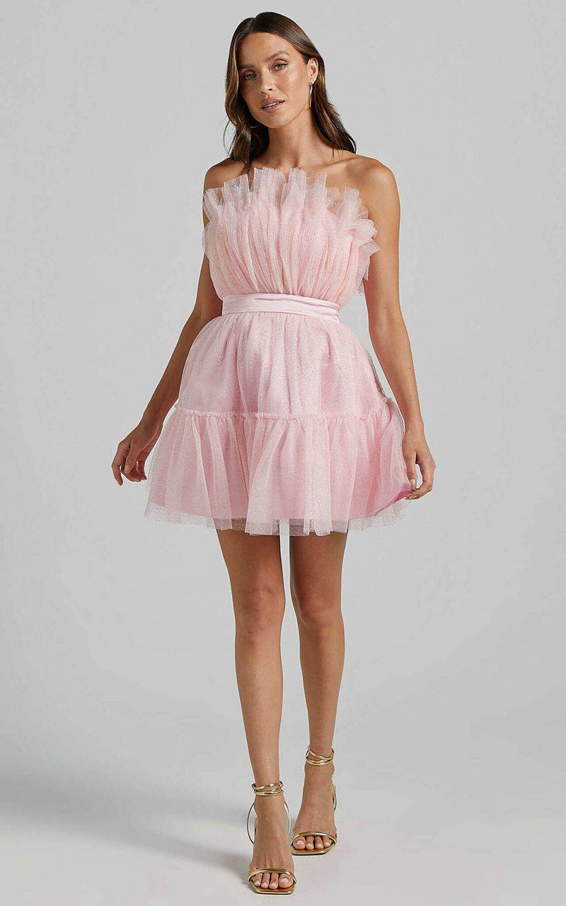 Showpo Amalya Mini Dress - Tiered Tulle Fit And Flare Dress Baby Pink Glitter | SJYIEC318