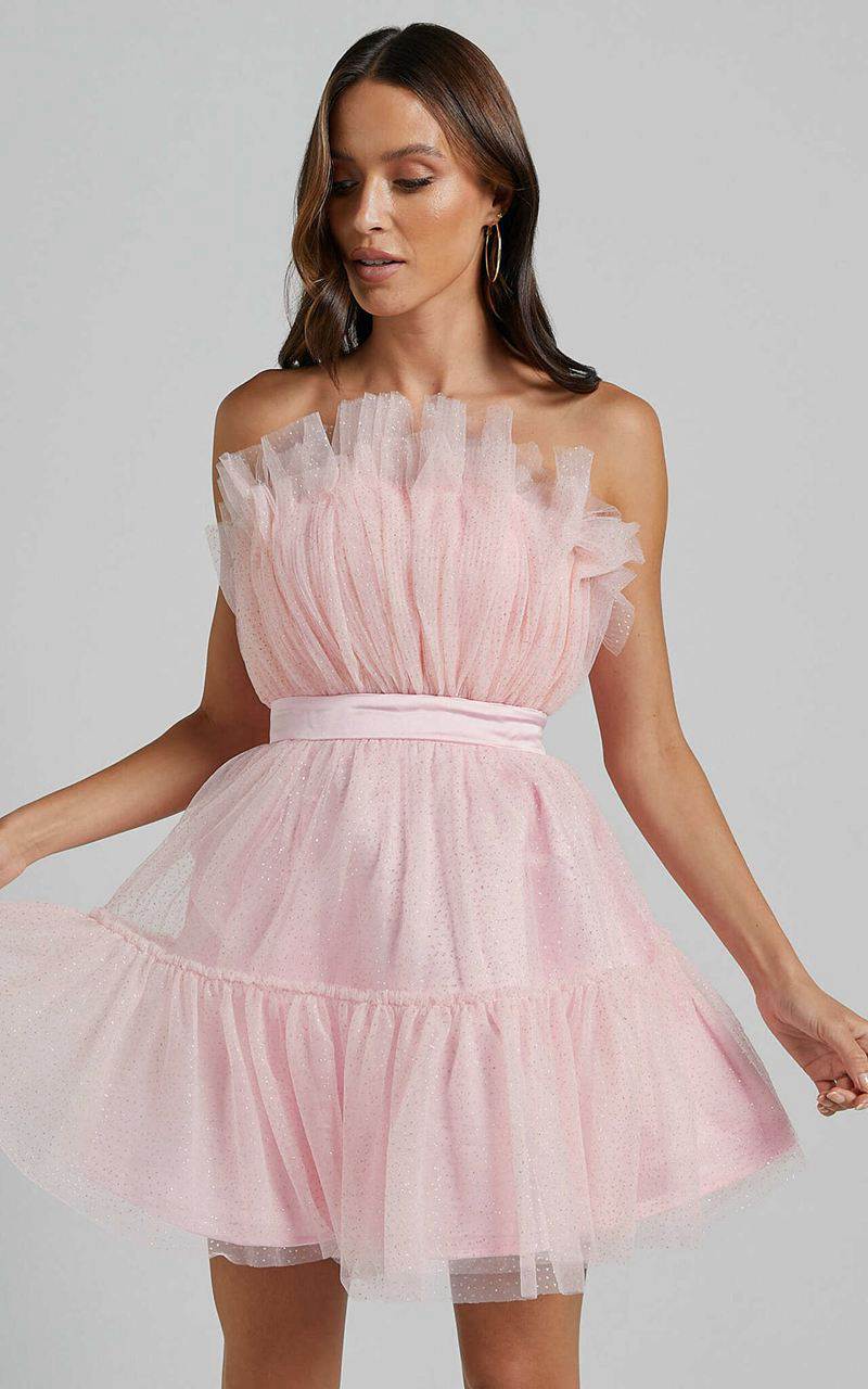 Showpo Amalya Mini Dress - Tiered Tulle Fit And Flare Dress Baby Pink Glitter | SJYIEC318