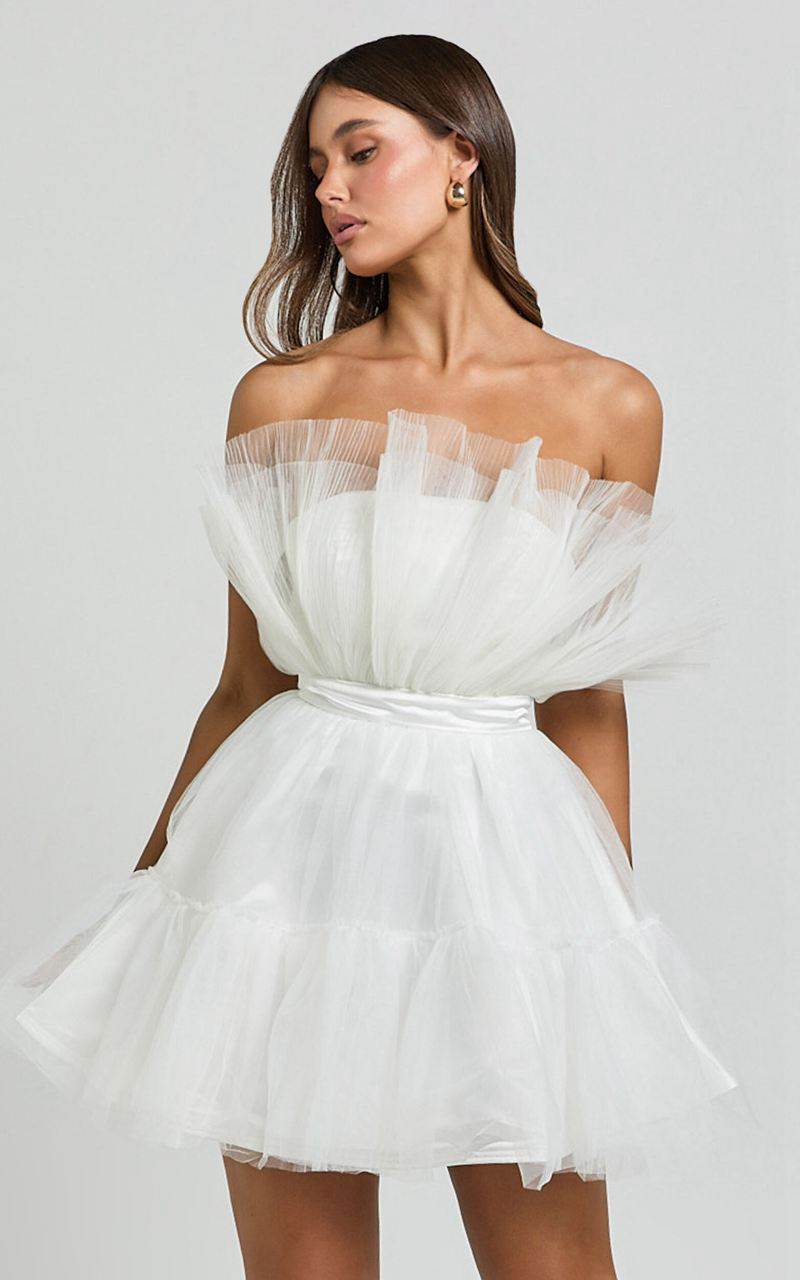 Showpo Amalya Mini Dress - Tiered Tulle Fit And Flare Dress White | KUIGEX305