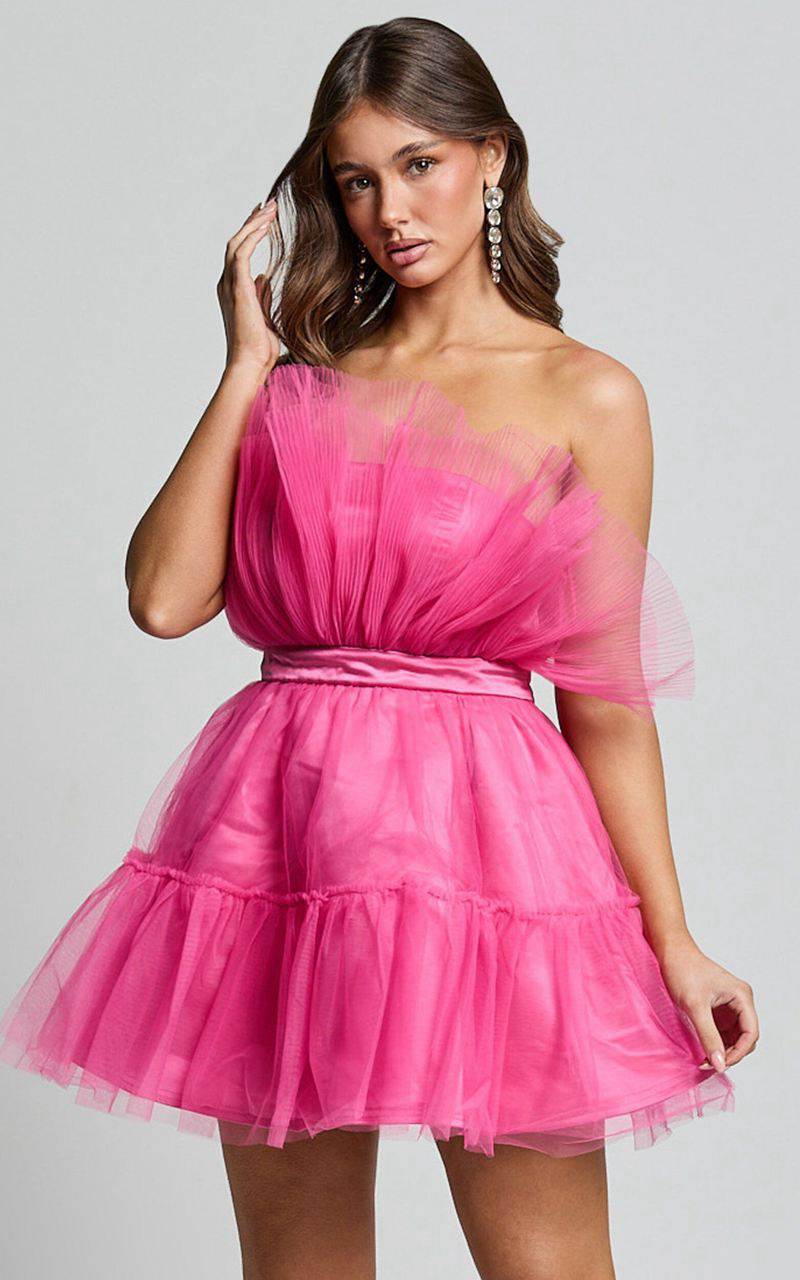 Showpo Amalya Mini Dress - Tiered Tulle Fit And Flare Dress Hot Pink | UOJCPX692