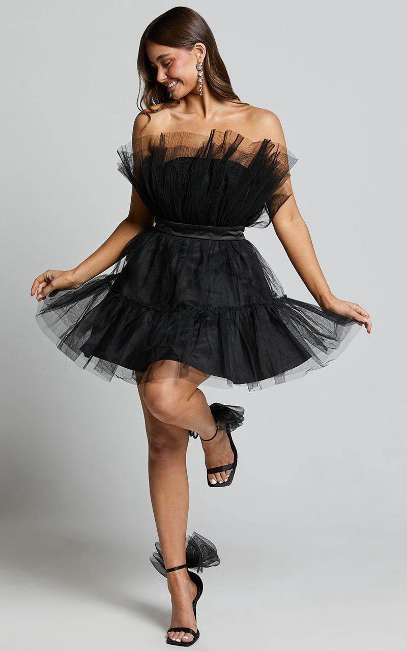 Showpo Amalya Mini Dress - Tiered Tulle Fit And Flare Dress Black | MQNRFC014