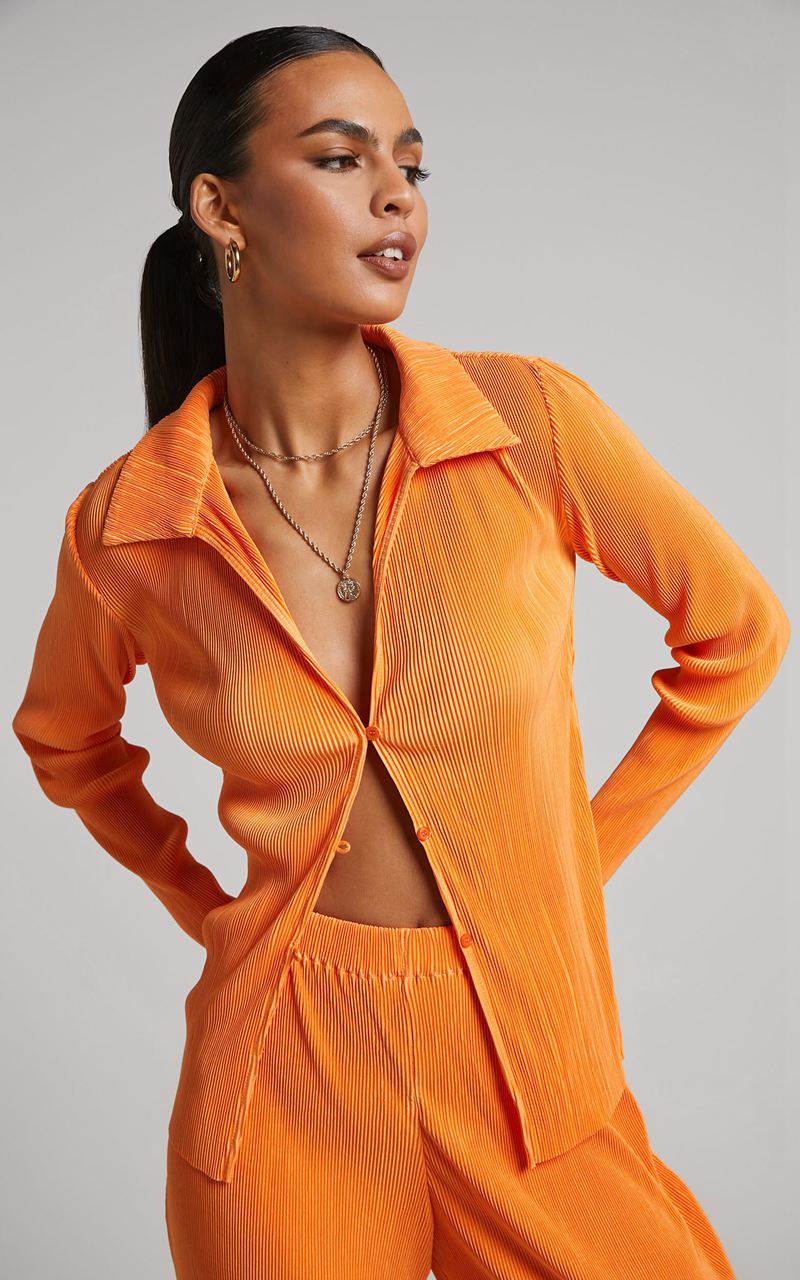 Showpo Amarante Blouse - Plisse Button Up Blouse Orange | TREHKX142