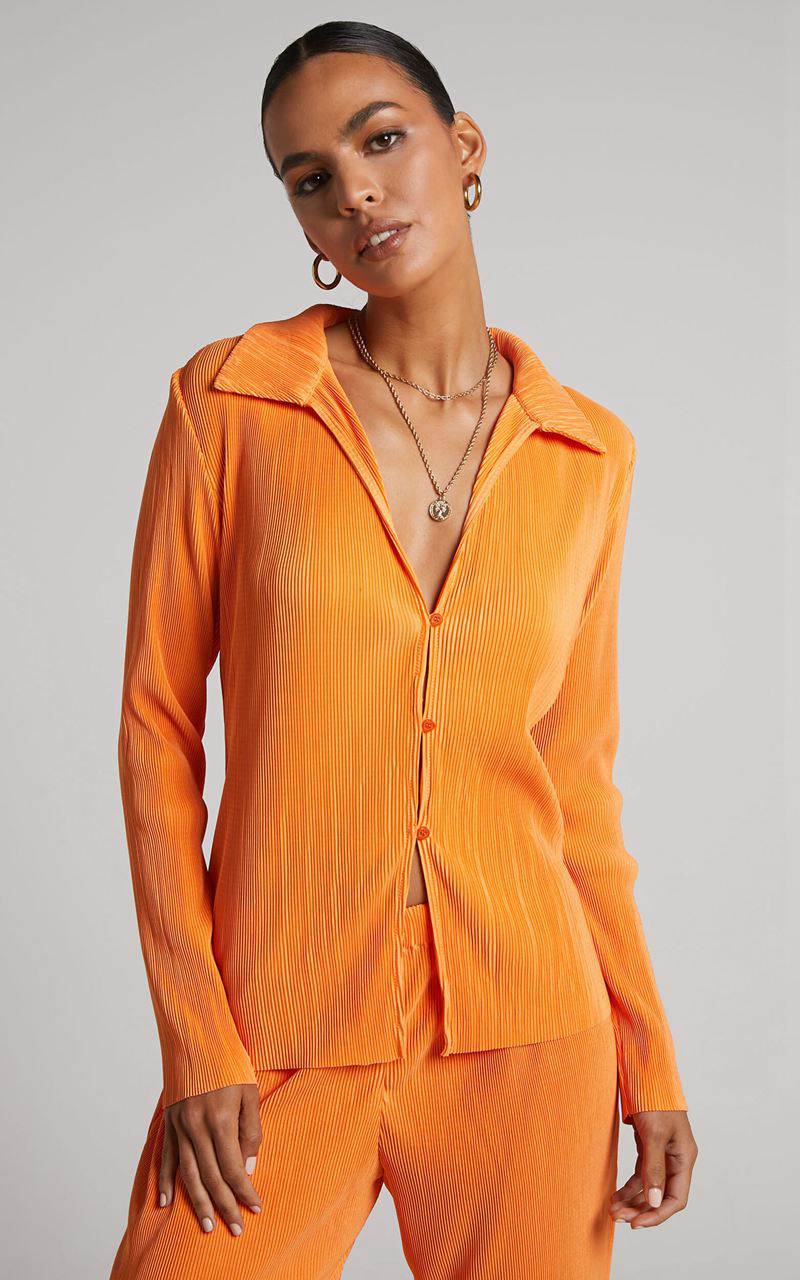 Showpo Amarante Blouse - Plisse Button Up Blouse Orange | TREHKX142