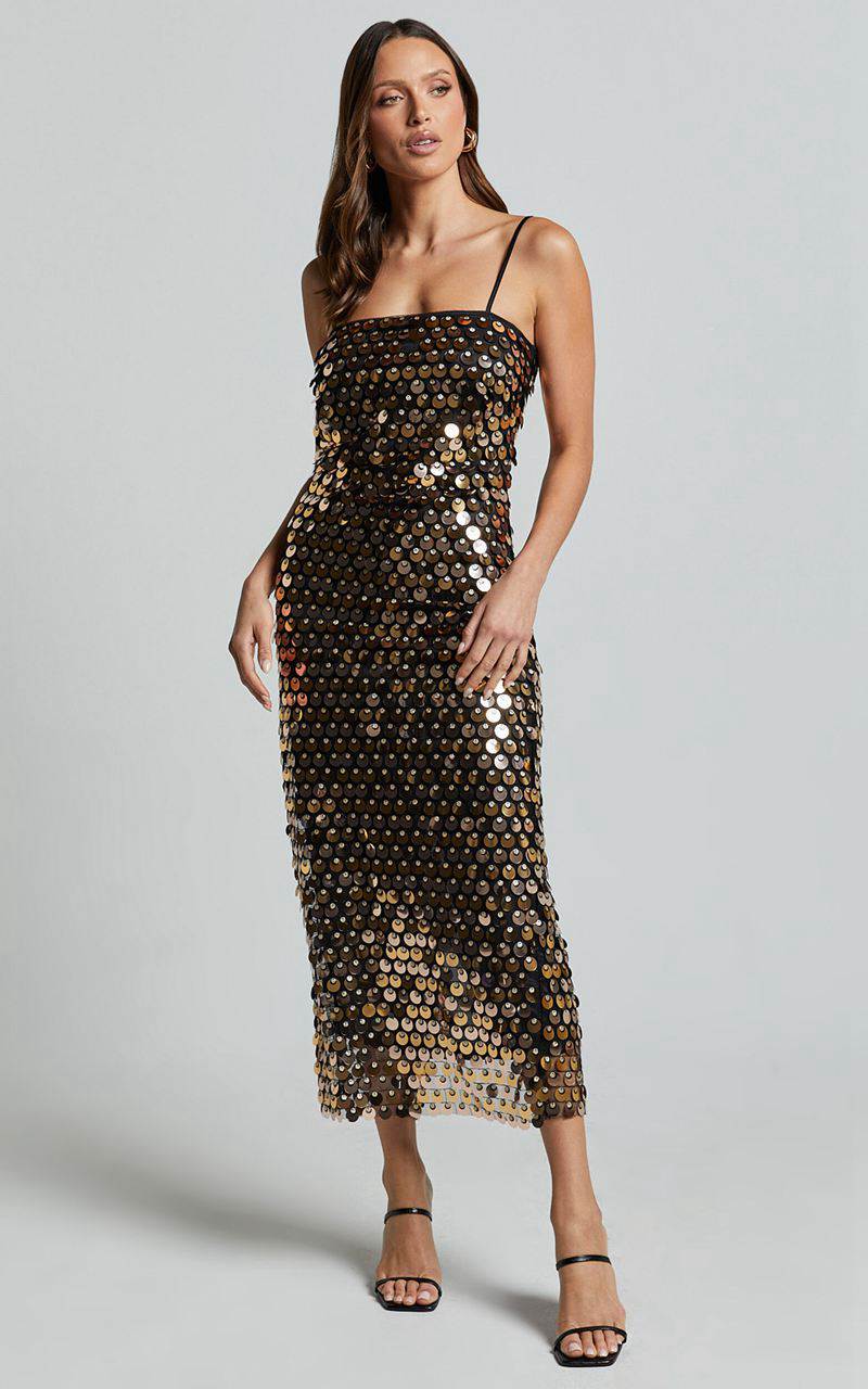 Showpo Amarie Midi Dress - Circle Sequin Dress Gold | ARUJQB904