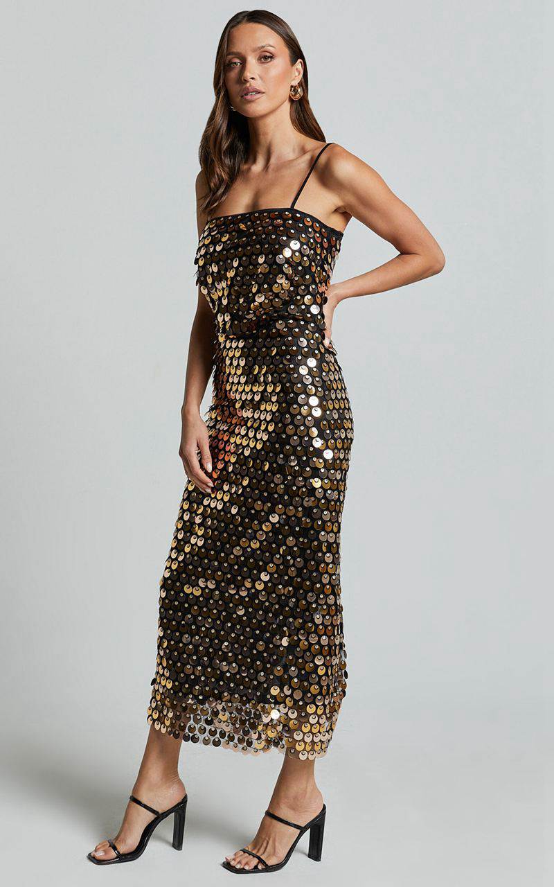 Showpo Amarie Midi Dress - Circle Sequin Dress Gold | ARUJQB904