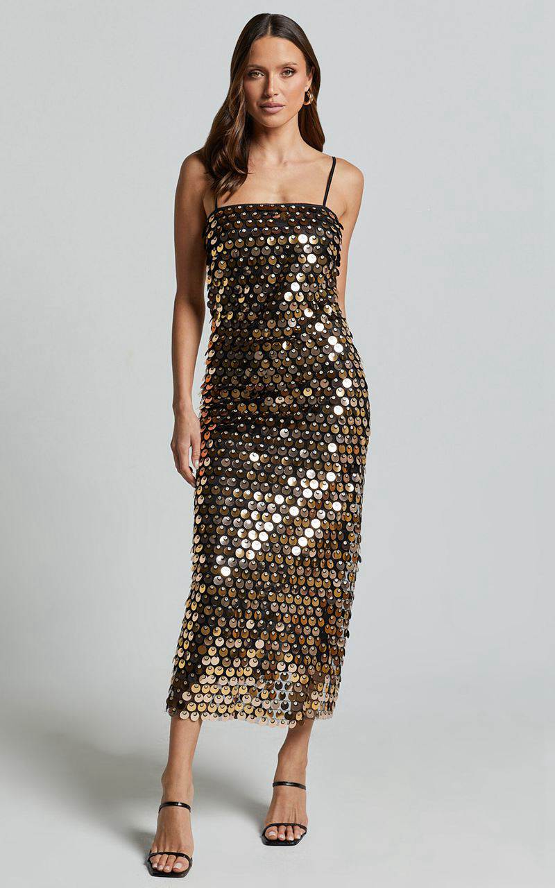 Showpo Amarie Midi Dress - Circle Sequin Dress Gold | ARUJQB904