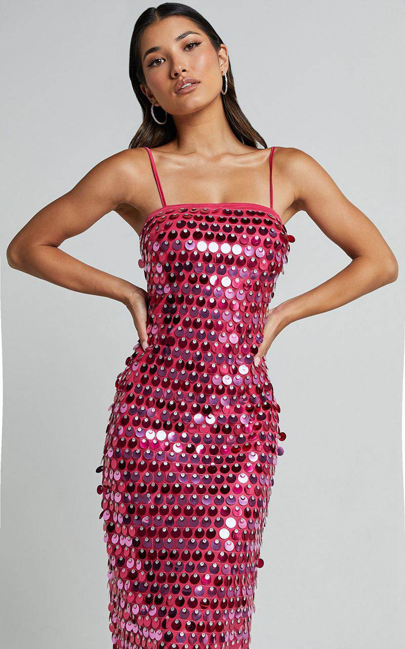 Showpo Amarie Midi Dress - Circle Sequin Dress Pink | NRPFBO625