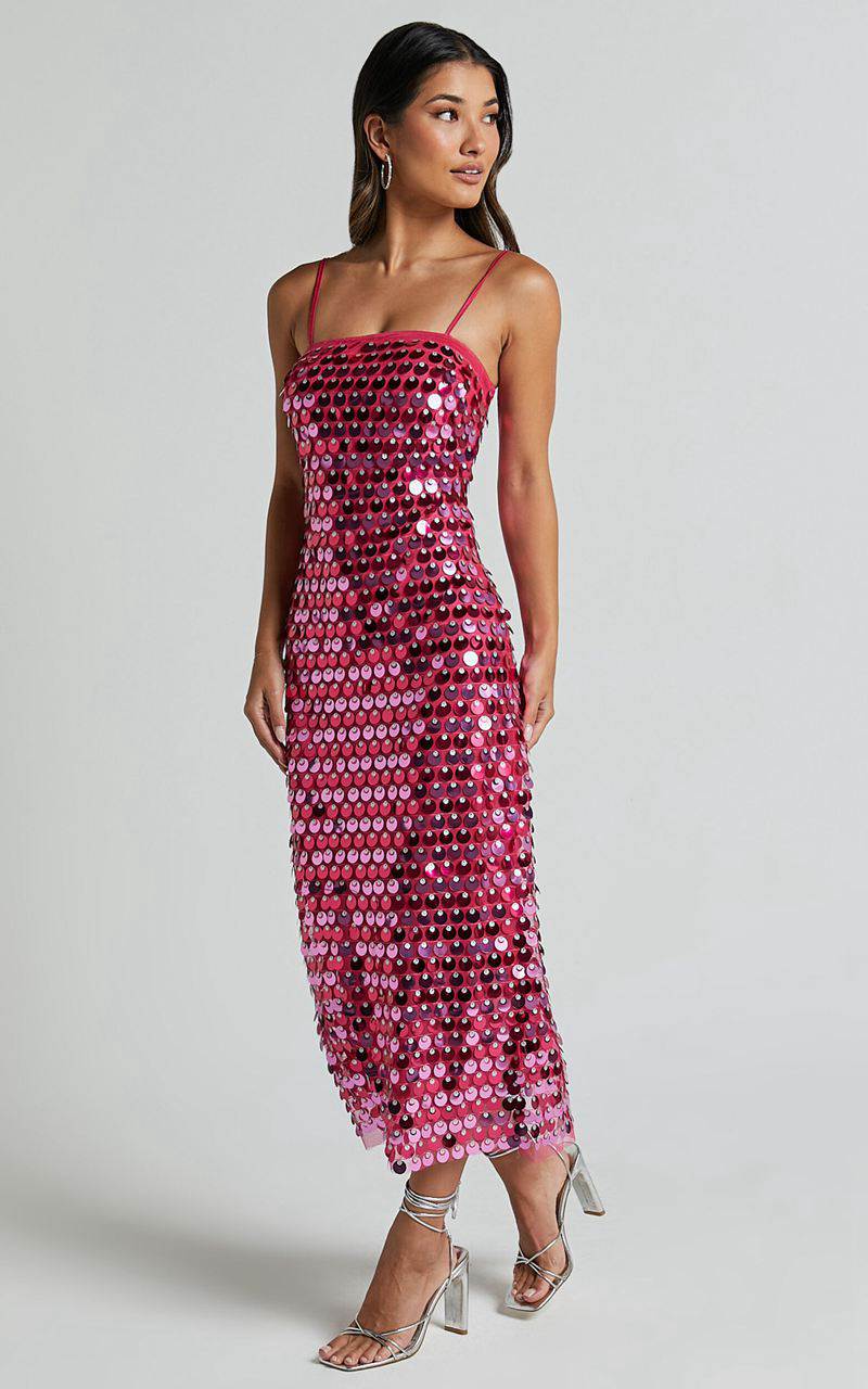 Showpo Amarie Midi Dress - Circle Sequin Dress Pink | NRPFBO625