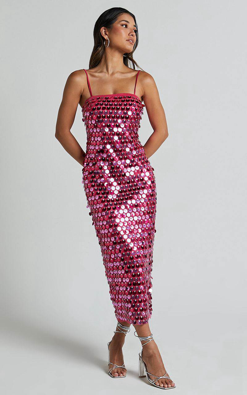 Showpo Amarie Midi Dress - Circle Sequin Dress Pink | NRPFBO625