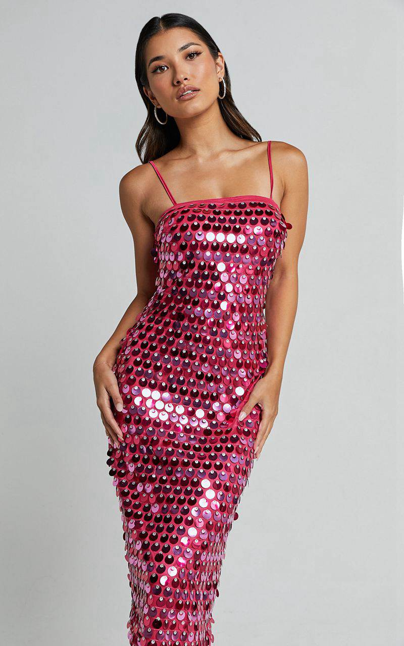 Showpo Amarie Midi Dress - Circle Sequin Dress Pink | NRPFBO625