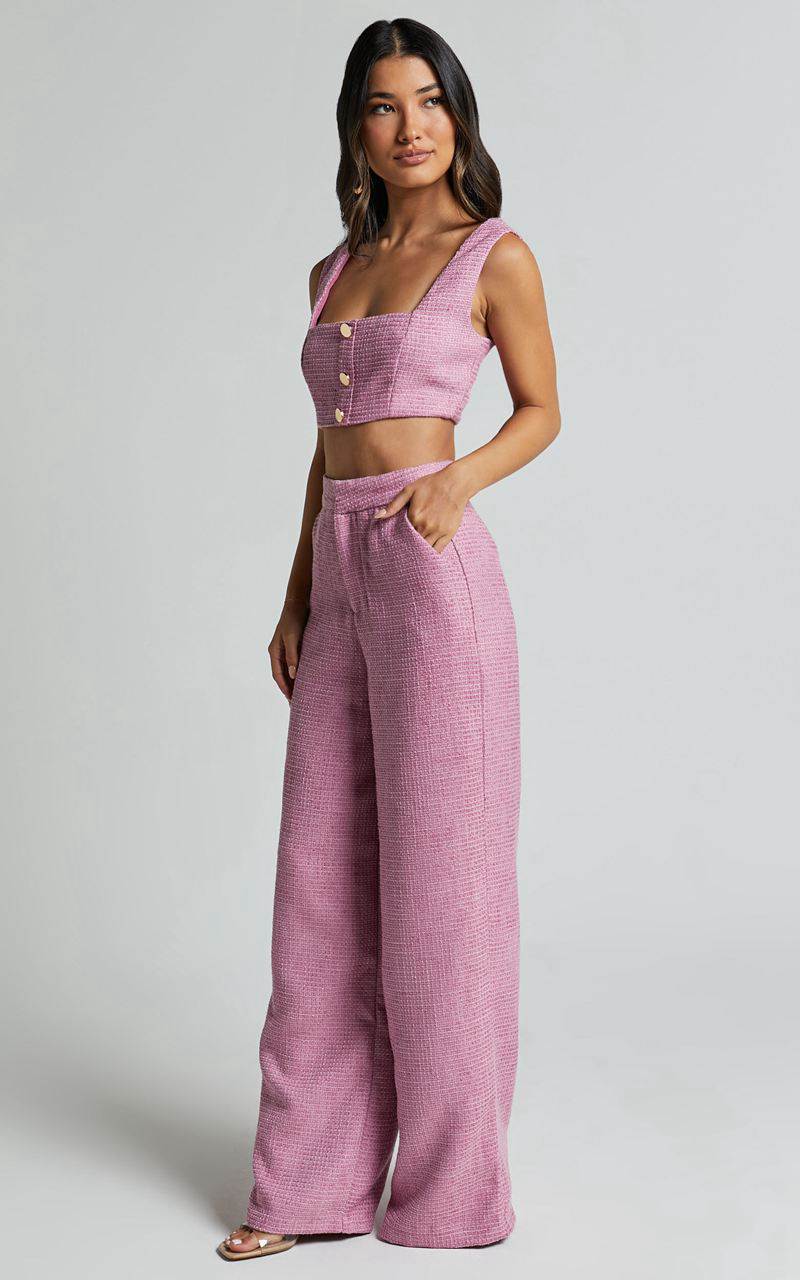 Showpo Amaris Two Piece Set - Button Detail Crop Top And Wide Leg Pants Set Pink | UPXGHK186