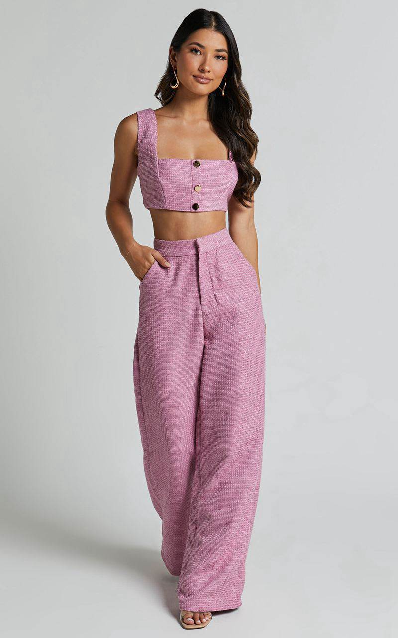 Showpo Amaris Two Piece Set - Button Detail Crop Top And Wide Leg Pants Set Pink | UPXGHK186