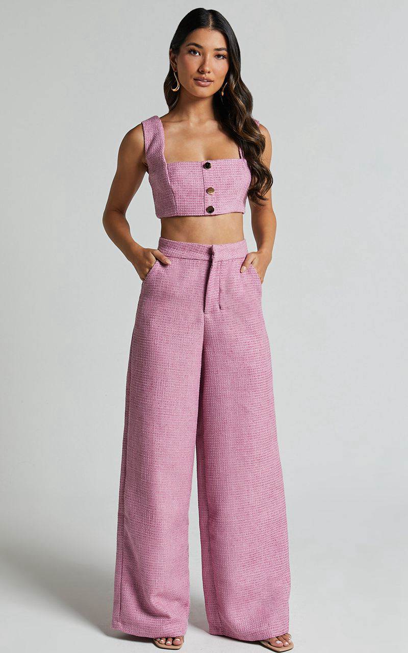 Showpo Amaris Two Piece Set - Button Detail Crop Top And Wide Leg Pants Set Pink | UPXGHK186