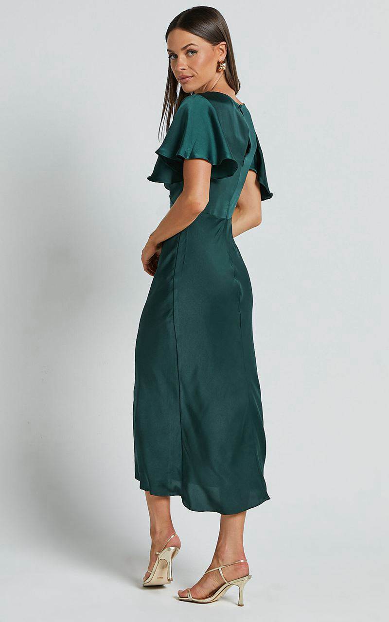 Showpo Amartina Midi Dress - V Neck Twist Bodice Flutter Sleeve Dress Forest Green | UILAEC901