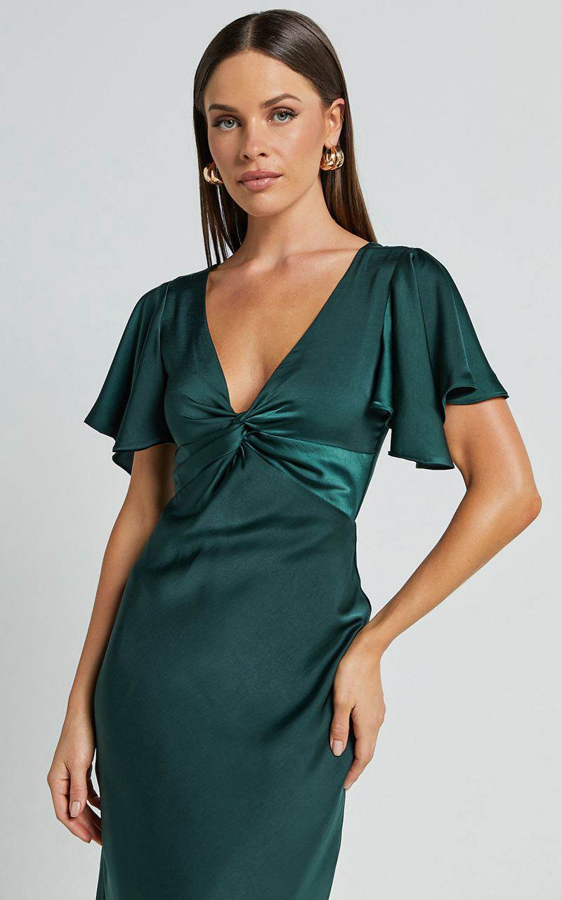 Showpo Amartina Midi Dress - V Neck Twist Bodice Flutter Sleeve Dress Forest Green | UILAEC901