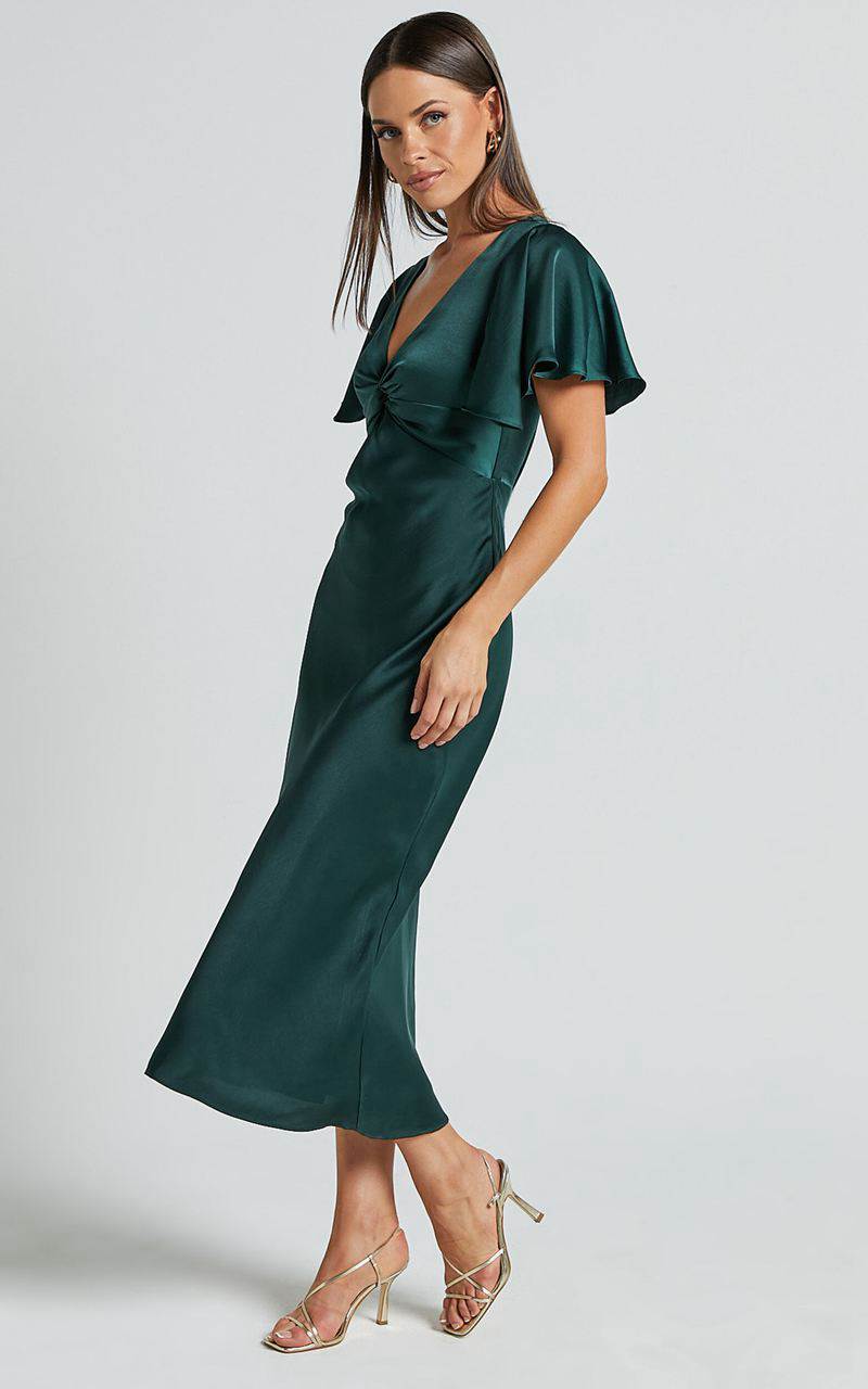 Showpo Amartina Midi Dress - V Neck Twist Bodice Flutter Sleeve Dress Forest Green | UILAEC901