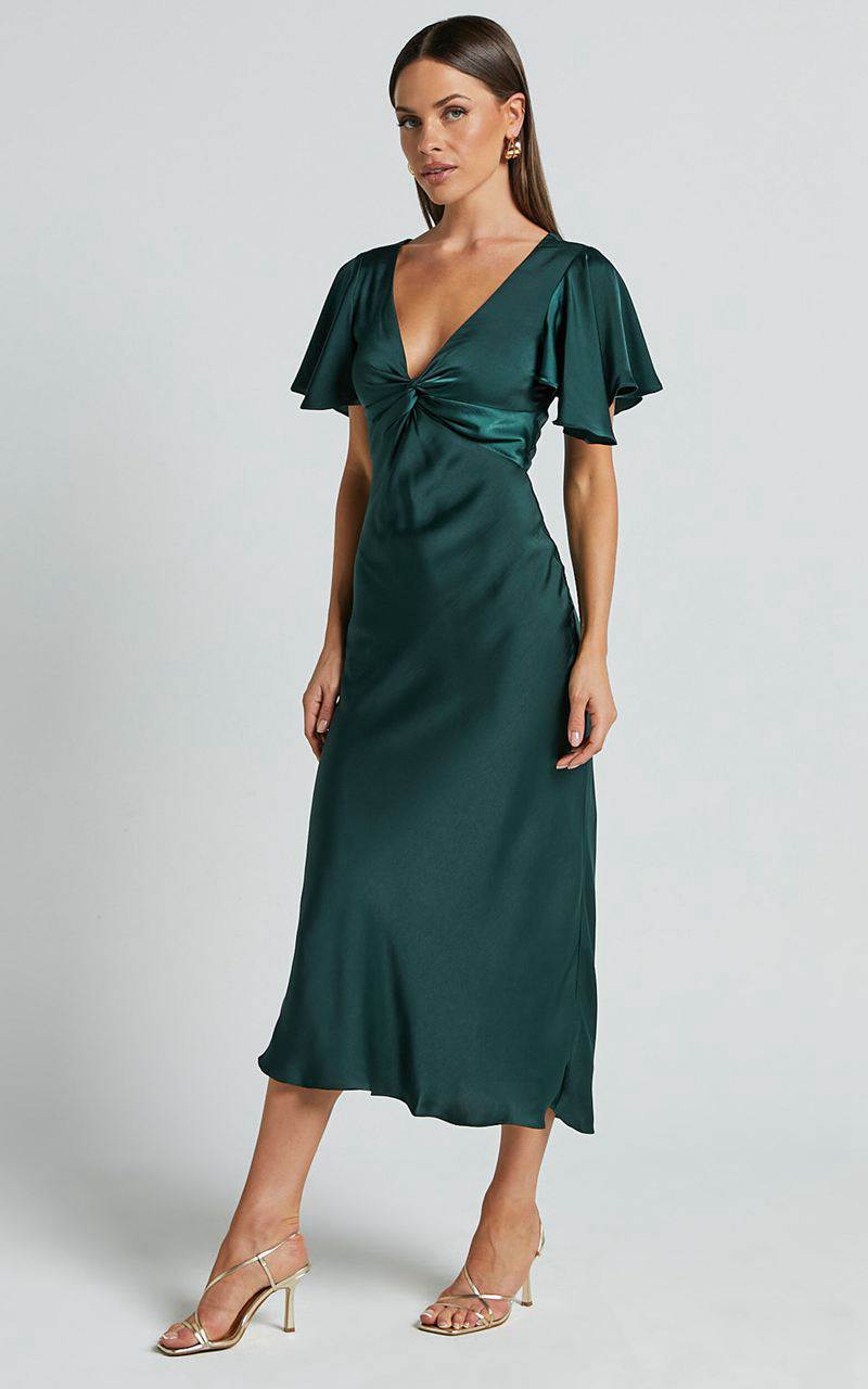 Showpo Amartina Midi Dress - V Neck Twist Bodice Flutter Sleeve Dress Forest Green | UILAEC901