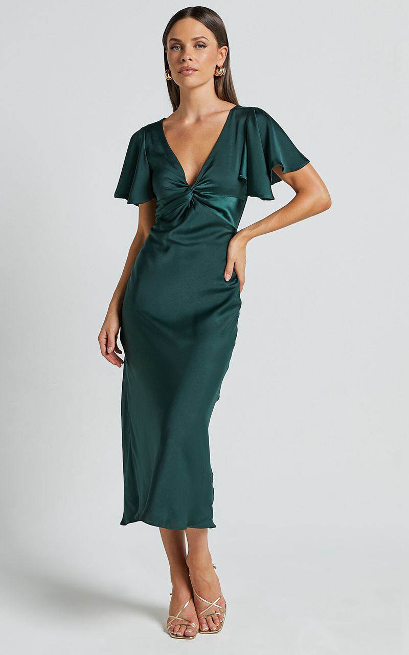 Showpo Amartina Midi Dress - V Neck Twist Bodice Flutter Sleeve Dress Forest Green | UILAEC901