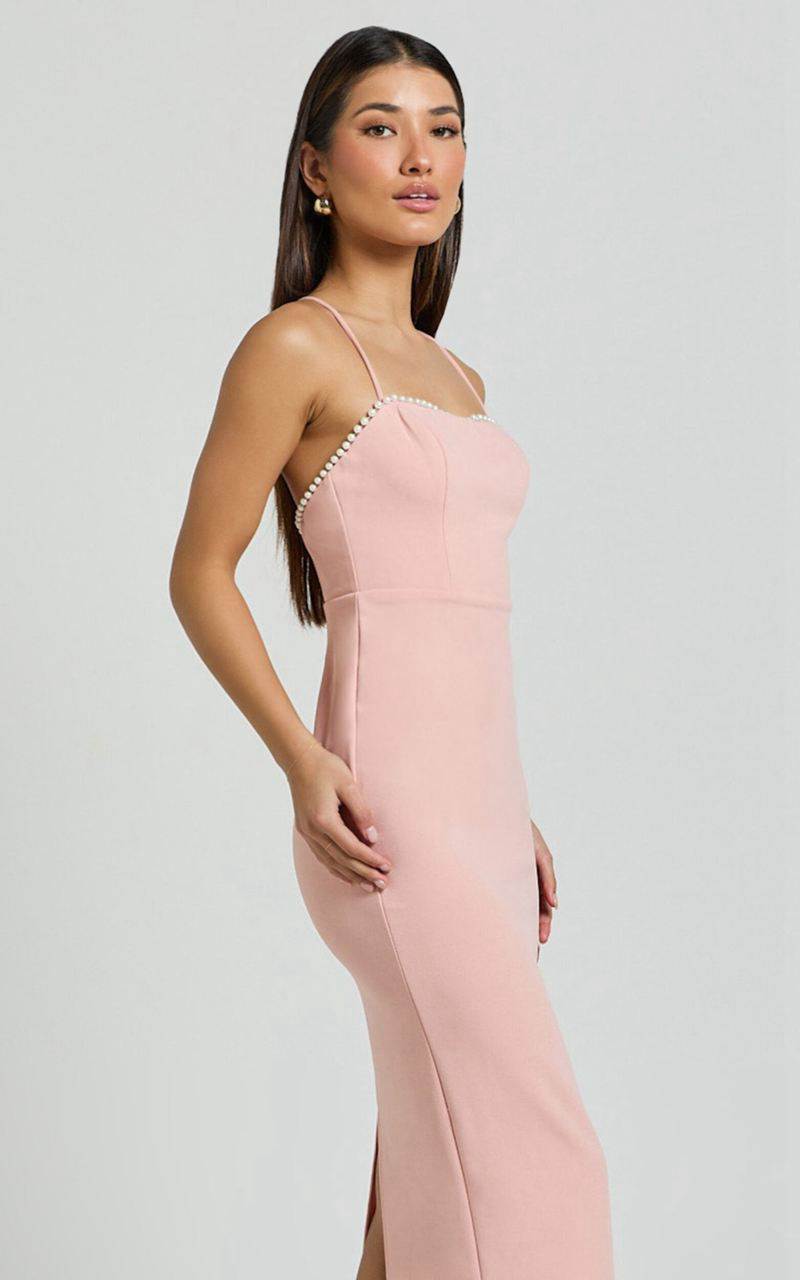 Showpo Amayla Midi Dress - Strappy Pearl Trim Column Dress Pink | RZOPCX548