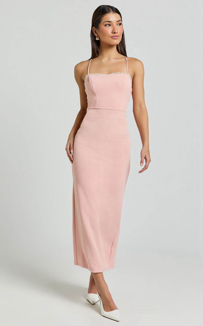 Showpo Amayla Midi Dress - Strappy Pearl Trim Column Dress Pink | RZOPCX548