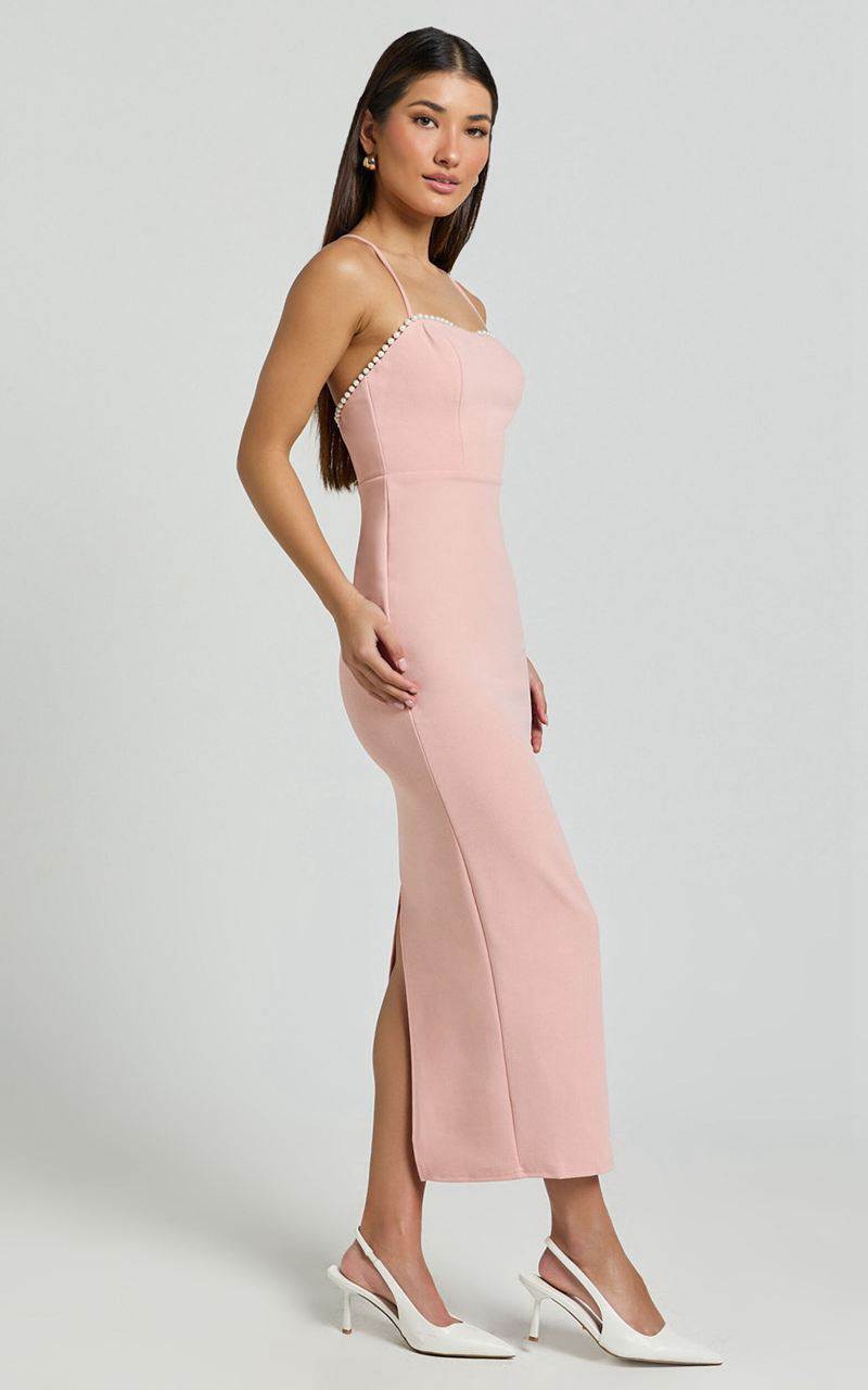 Showpo Amayla Midi Dress - Strappy Pearl Trim Column Dress Pink | RZOPCX548