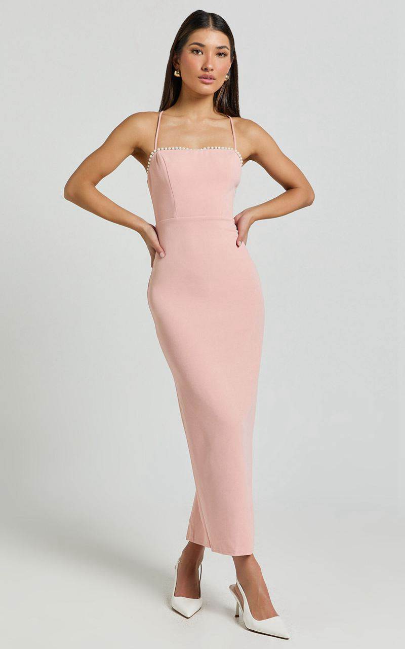 Showpo Amayla Midi Dress - Strappy Pearl Trim Column Dress Pink | RZOPCX548