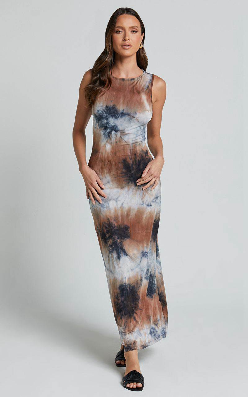 Showpo Amayra Midi Dress - High Neck Bodycon Dress Blue Tie Dye | GUEORP306