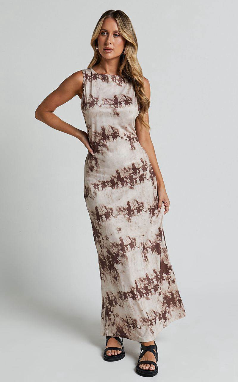 Showpo Amayra Midi Dress - High Neck Bodycon Dress Beige Tie Dye | LSCIJR841