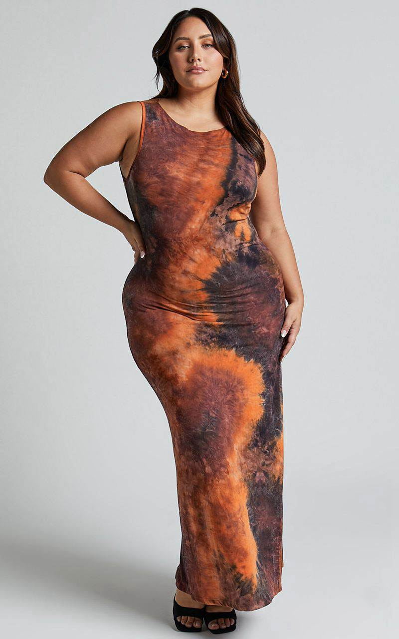 Showpo Amayra Midi Dress - High Neck Bodycon Dress Brown Tie Dye | WCBSOD129