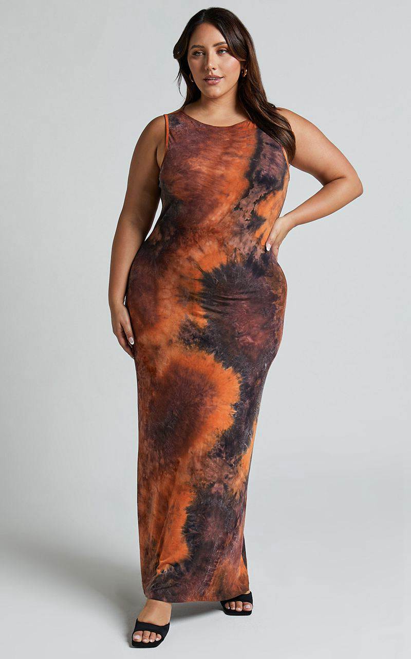 Showpo Amayra Midi Dress - High Neck Bodycon Dress Brown Tie Dye | WCBSOD129