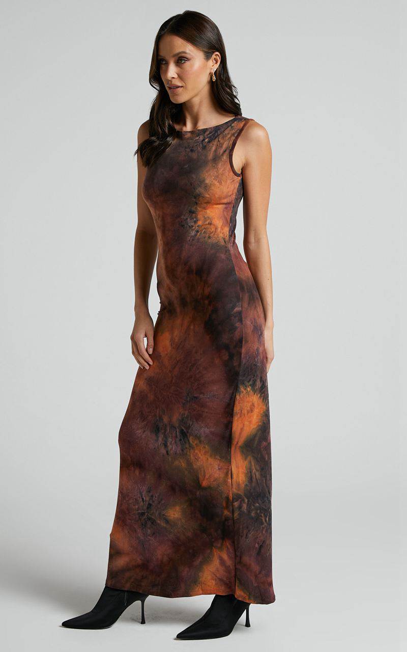 Showpo Amayra Midi Dress - High Neck Bodycon Dress Brown Tie Dye | WCBSOD129