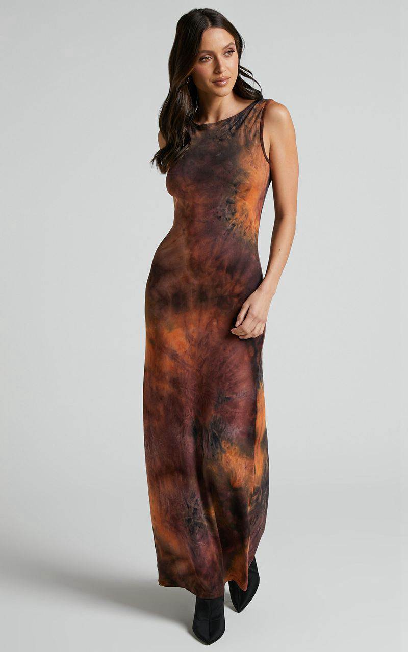 Showpo Amayra Midi Dress - High Neck Bodycon Dress Brown Tie Dye | WCBSOD129