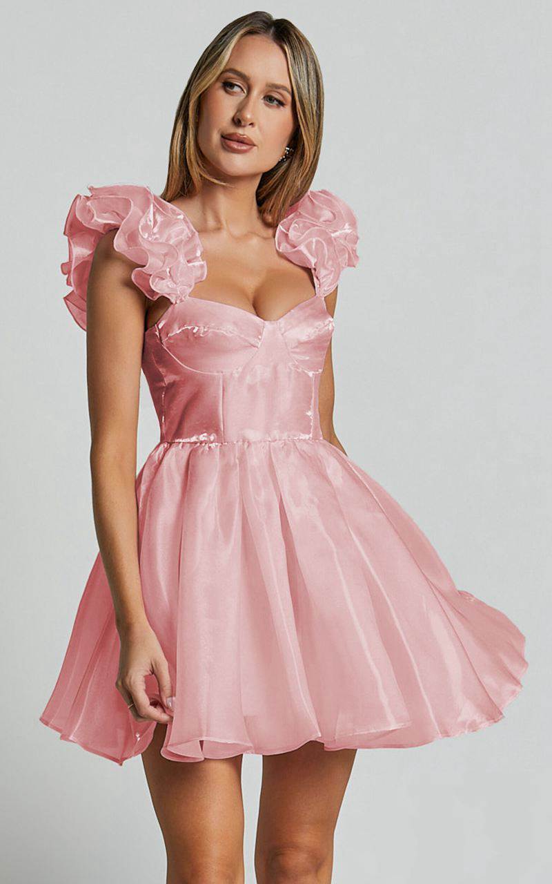 Showpo Amber Mini Dress - Sleeveless Ruffle Detail Sweetheart Pleated Dress Pink | TNJEHX536