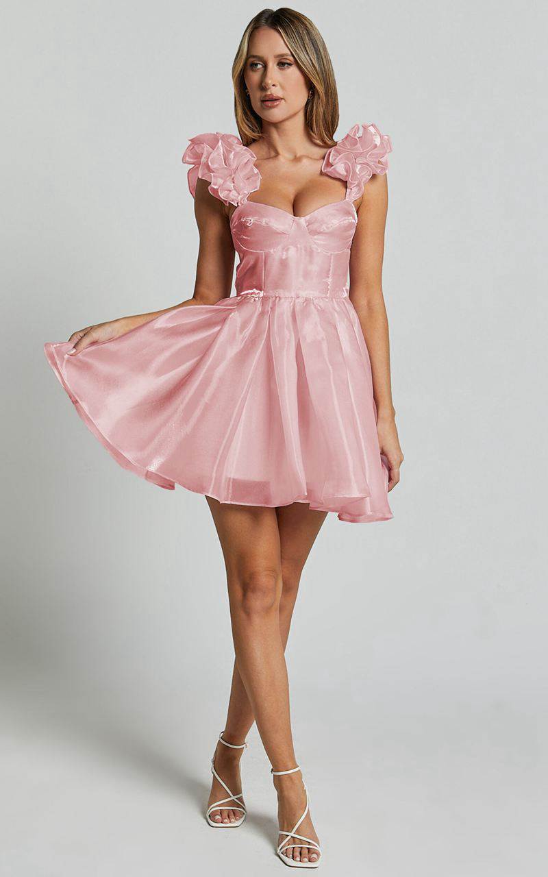 Showpo Amber Mini Dress - Sleeveless Ruffle Detail Sweetheart Pleated Dress Pink | TNJEHX536