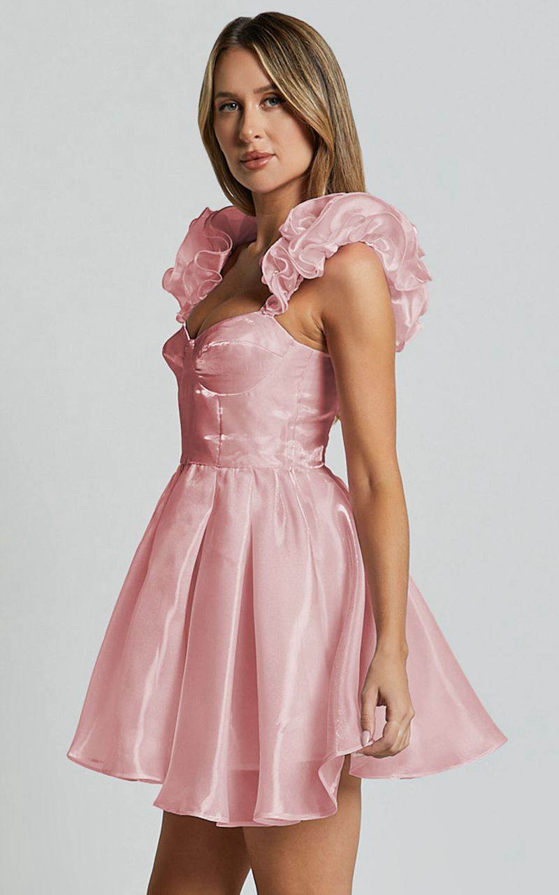 Showpo Amber Mini Dress - Sleeveless Ruffle Detail Sweetheart Pleated Dress Pink | TNJEHX536