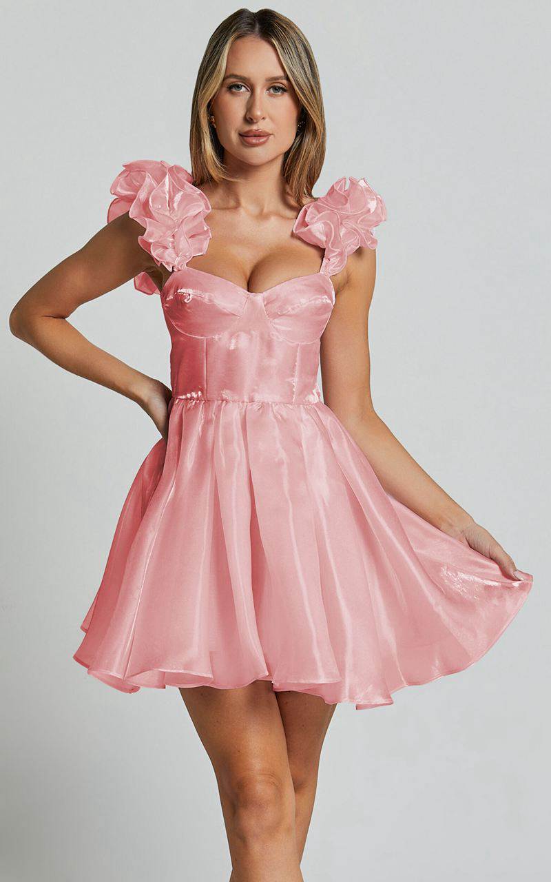 Showpo Amber Mini Dress - Sleeveless Ruffle Detail Sweetheart Pleated Dress Pink | TNJEHX536