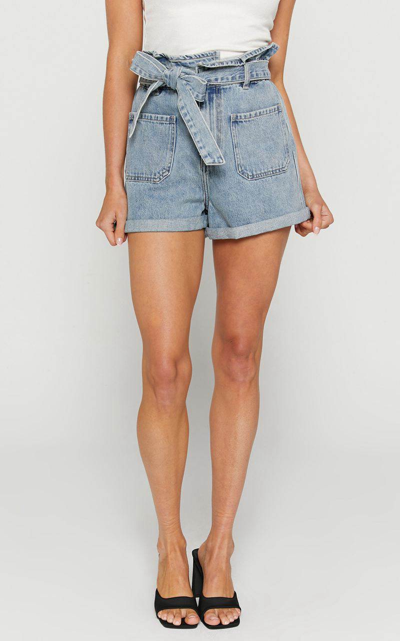 Showpo Amber Shorts - Recycled Cotton Denim Shorts With Paper Bag Waist Light Blue Wash | EDIGKU175