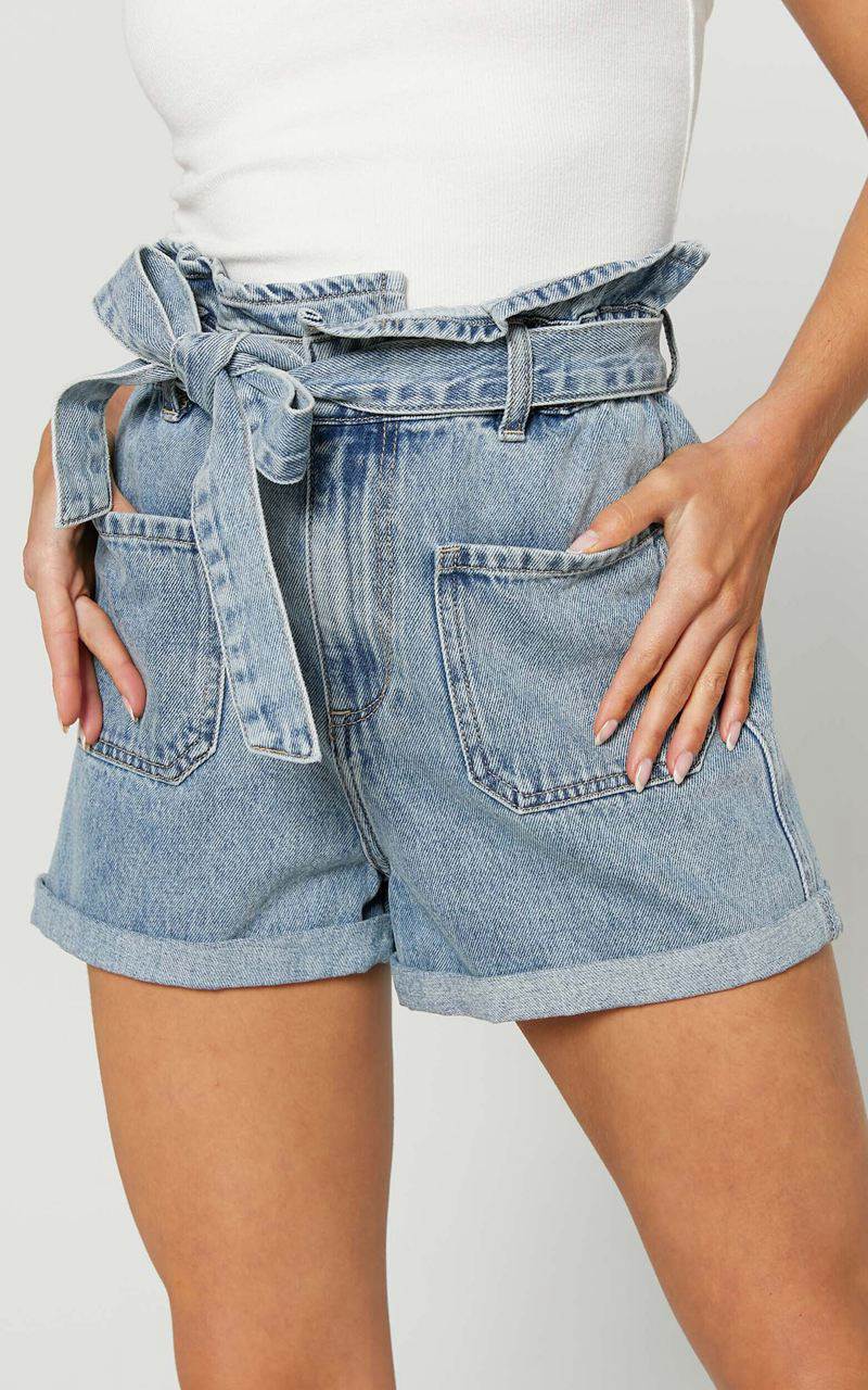 Showpo Amber Shorts - Recycled Cotton Denim Shorts With Paper Bag Waist Light Blue Wash | EDIGKU175